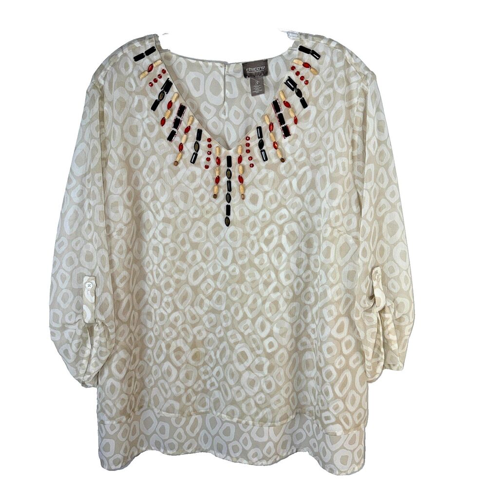 Chicos Womens XL Tunic Blouse 3/4 Roll Tab sleeve Leopard Print Beaded Boho Chic